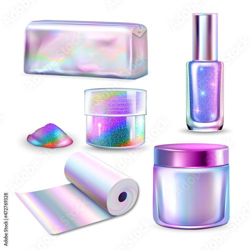Holographic Multicolored Blank Packages Set Vector. Holographic Glittering Cosmetic Bag For Carrying Sparkles, Nail Polish And Cream Packaging. Foil Roll Template Realistic 3d Illustrations