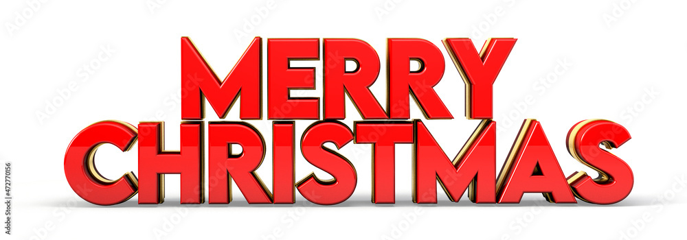 Merry Christmas word in red and golden color isolated on white background. 3d illustration.	
