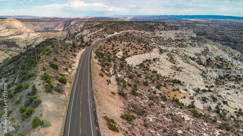 Overhead aerial view of road across the canyon