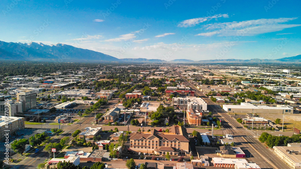 Salt Lake City aerial skyline on a sunny day, Utah from drone