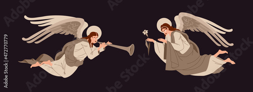 A set of flying angels with a trumpet and a lily flower, heavenly messengers, for Christmas and Easter cards, posters. Color vector illustration on a dark background in a cartoon and flat design.