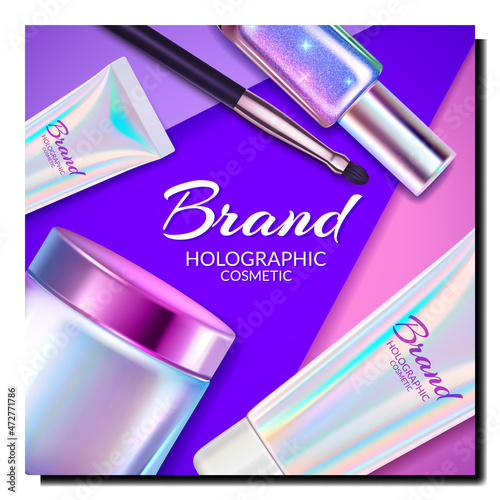 holographic face cosmetics poster. jar cosmetic hologram product. gloss packaging. 3d realistic vector