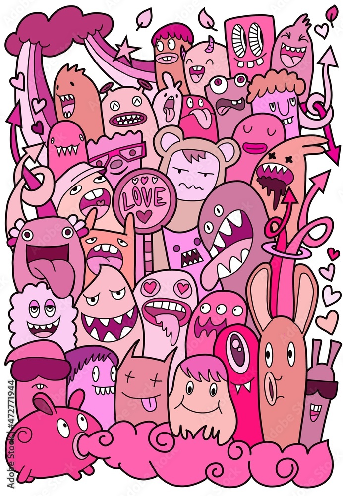 Hand Drawn Illustration of doodle monster valentine.pink color of love.
