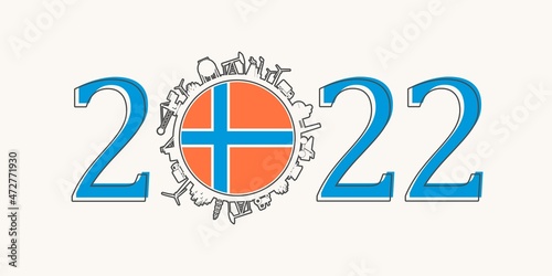 2022 year number with industrial icons around zero digit. Flag of Norway.