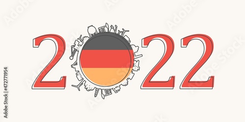 2022 year number with industrial icons around zero digit. Flag of Germany.