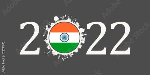 2022 year number with industrial icons around zero digit. Flag of India.