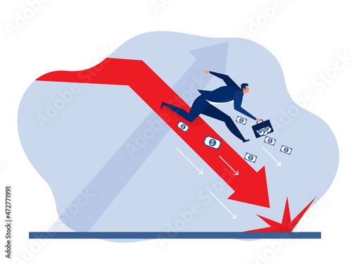 businessman falls down and the arrow is red chart. Cartoon character style vectorv illustrator.