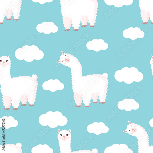 Seamless pattern with funny llama and clouds on a blue background. Vector illustration suitable for baby texture, textile, fabric, poster, greeting card, decor. Cute alpaca from Peru.