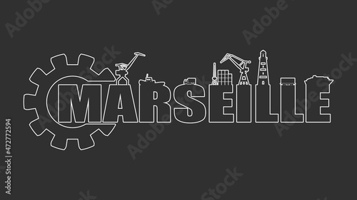 Gear with sea shipping relative silhouettes.. Calligraphy inscription. Marseille city name text