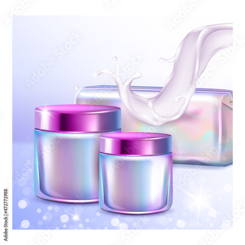 holographic cosmetics poster container. hologram face mask care. modern zipper. 3d realistic vector