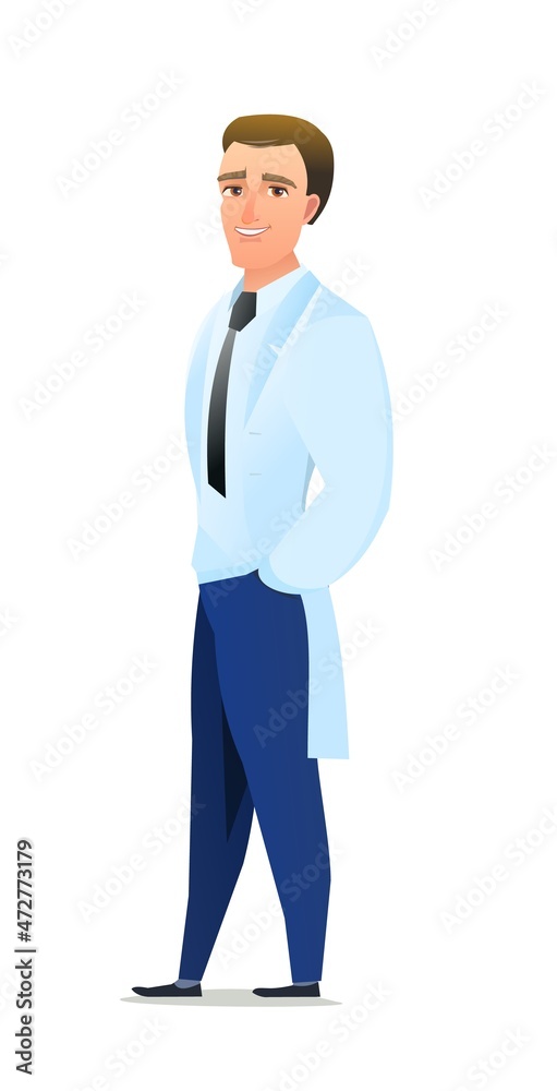 Optimistic doctor in dressing gown. Cheerful persons in standing pose. Cartoon comic style flat design. Separate character. Illustration isolated on white background. Vector Optimistic doctor in dressing gown. Cheerful persons in standing pose. Cartoon comic style flat design. Separate character. Illustration isolated on white background. Vector