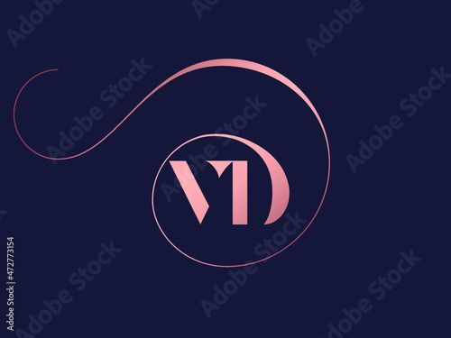 VD monogram logo.Typographic signature icon.Letter v and letter d.Lettering sign isolated on dark fund.Wedding, fashion, beauty serif alphabet initials.Elegant, luxury style. Decorative swirl.