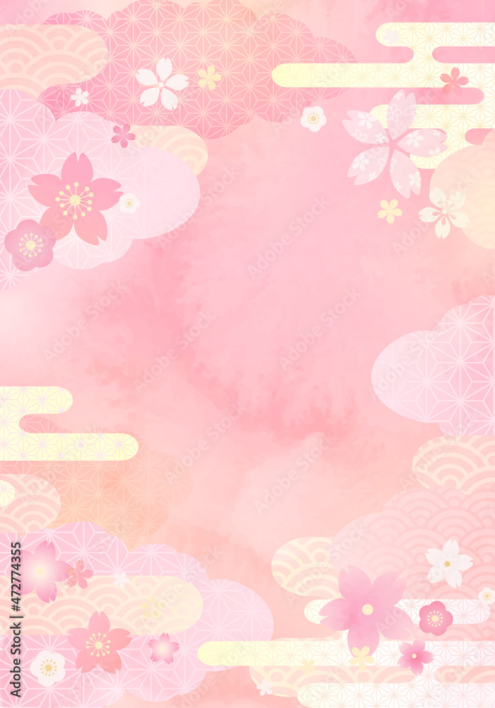 春の和柄の花と雲と桜イメージのベクターイラスト背景