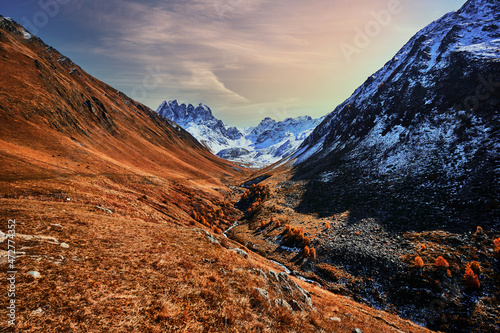 Landscape of majestic scenic mountains valley in the Juta, Georgia