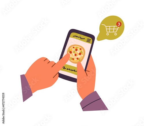 Ordering food through internet with mobile app. Hands with phone choosing pizza in delivery service application, putting it into online basket. Flat vector illustration isolated on white background