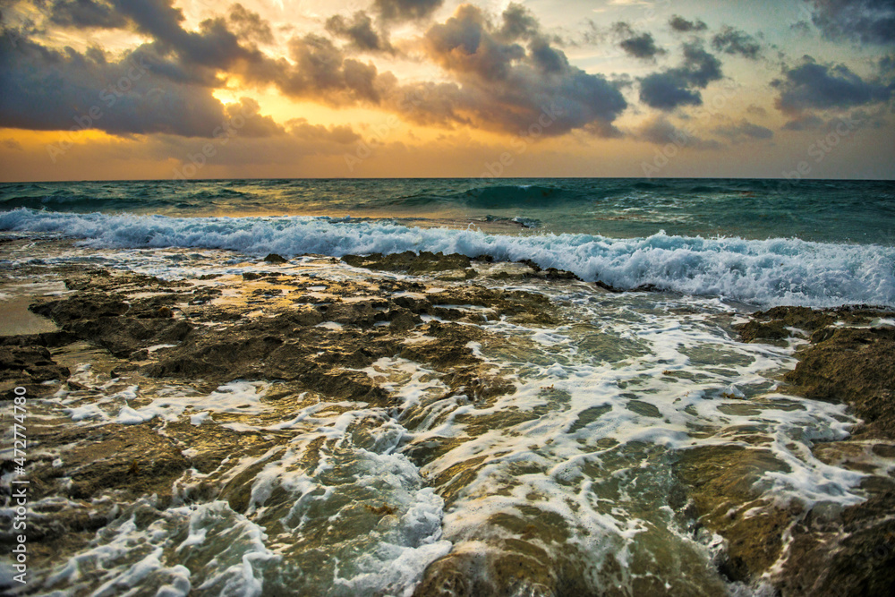 Ocean waves on rocks in Yucatan Peninsula, Mexico