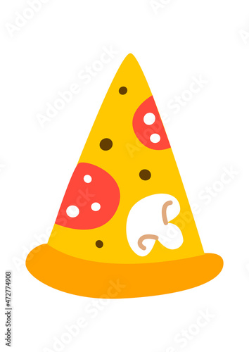Cute cartoon slice of pizza isolated on white background