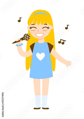 Cute cartoon singing girl isolated on white background