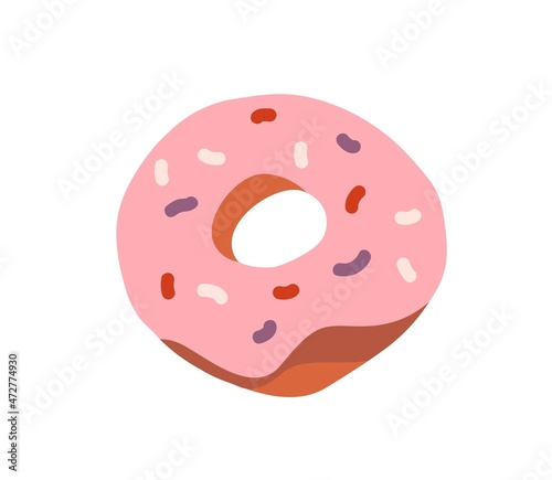 Sweet glazed donut. Doughnut with pink icing and sprinkles. Round dessert with hole. Sugar food. Dough pastry with frosting. Flat vector illustration of confectionery isolated on white background