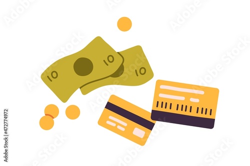 Bank credit cards, dollar banknotes and coins. Paper and plastic money composition. Different currency types. Flat vector illustration isolated on white background