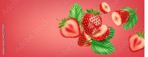 Fototapeta Naklejka Na Ścianę i Meble -  Strawberry fruits flying with strawberries of pieces element in the middle on solid color background. Realistic vector in 3D illustration.