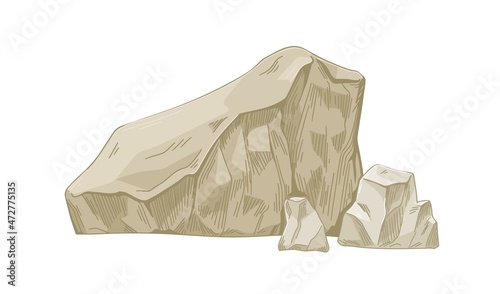 Limestone boulder and pieces. Big solid sedimentary rock formation. Rough camstone. Geology drawing of mountain ore. Realistic hand-drawn vector illustration isolated on white background