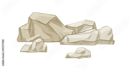 Limestone, mountain fossil. Sedimentary rock formation, its fragments. Rough stone pieces. Camstone, geological ore. Realistic hand-drawn vector illustration isolated on white background photo