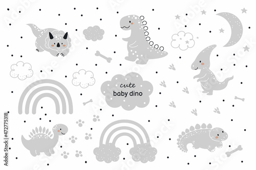 Set of cute grey baby dinosaurs in scandinavian style. Funny cartoon dinos collection for kids cards, baby shower, t-shirt, birthday invitation, house interior. Bohemian childish vector illustration