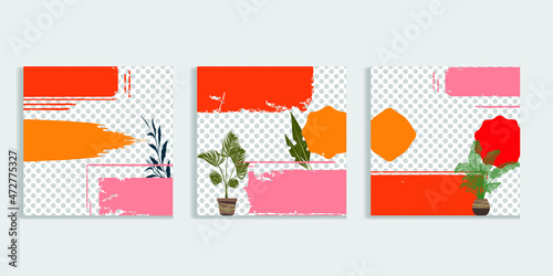 Social media covers with simple design elements . grunge style . Leaves . Post frame stories templates.  Layout for promotion .Media banner .Vector