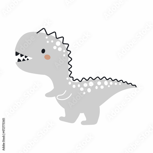 Cute grey dinosaur in scandinavian style. Funny cartoon dino for kids cards  baby shower  t-shirt  birthday invitation  house interior. Bohemian childish vector illustration.