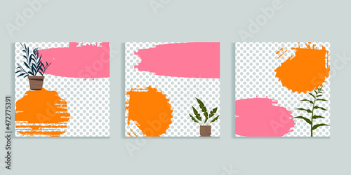 Social media covers with simple design elements . grunge style . Leaves . Post frame stories templates.  Layout for promotion .Media banner .Vector