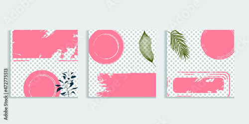 Social media covers with simple design elements . grunge style . Leaves . Post frame stories templates.  Layout for promotion .Media banner .Vector