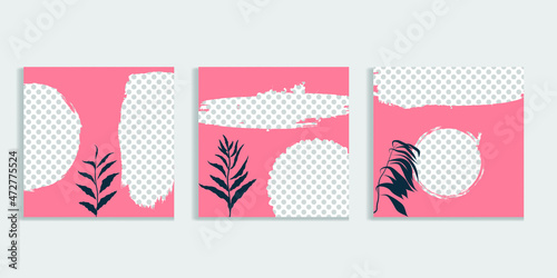 Social media covers with simple design elements . grunge style . Leaves . Post frame stories templates.  Layout for promotion .Media banner .Vector