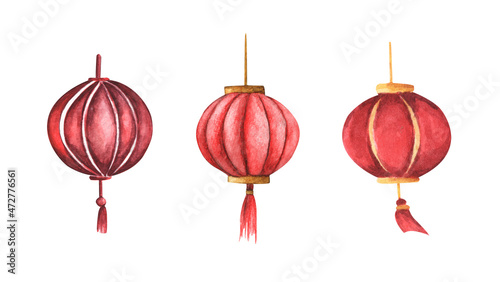 Set of Red round chinese paper lantern. Isolated on white background. Watercolor illustration.