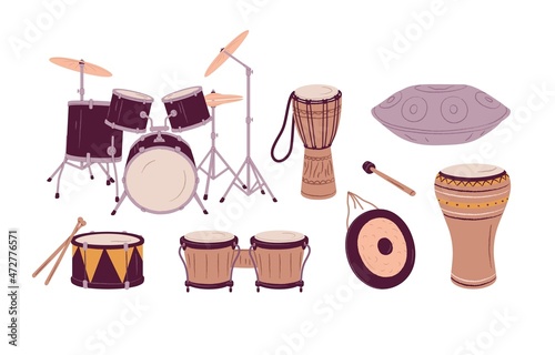 Percussion rhythm music instruments set of different types. Drum kit with cymbals, gong and stick, African bongo, wooden djembe and metal hang. Flat vector illustration isolated on white background