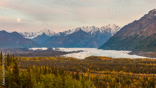 USA, Alaska. Fall colors in the Matanuska River Valley with the Matanuska Glacier in the background. © Danita Delimont