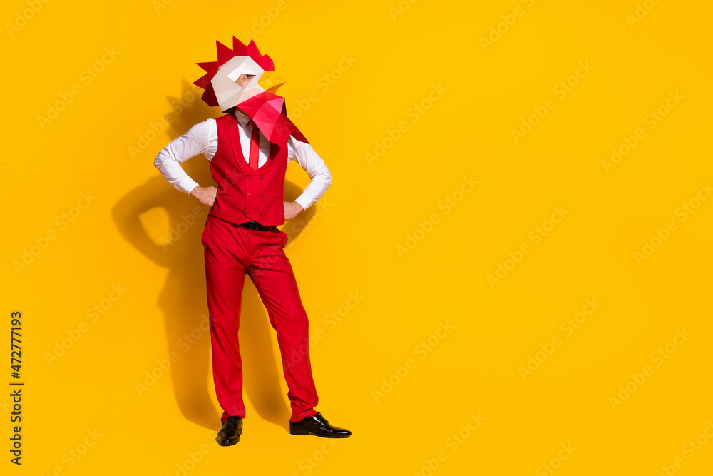 Photo of anonymous guy hands hips self-assured pose wear rooster mask red suit isolated yellow color background Photo of anonymous guy hands hips self-assured pose wear rooster mask red suit isolated yellow color background