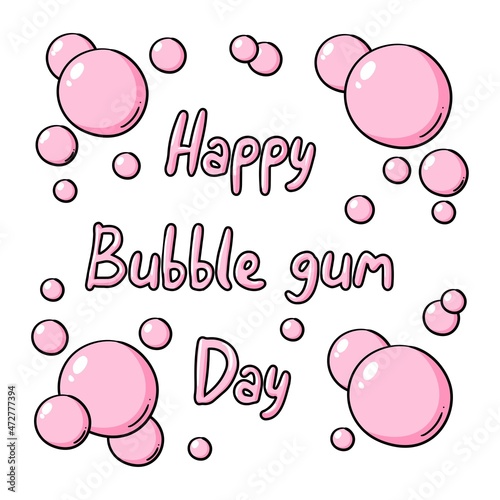 Chewing gum vector text illustration. Funny pink lettering bubble gum on white, pink letters, candy funny lettering in bubbles