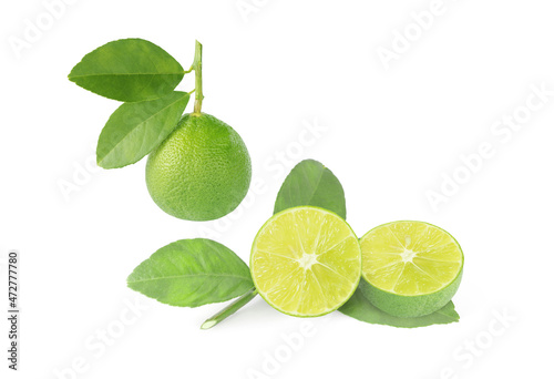 Green lime with leaf isolated on white background with clipping path include for design usage purpose