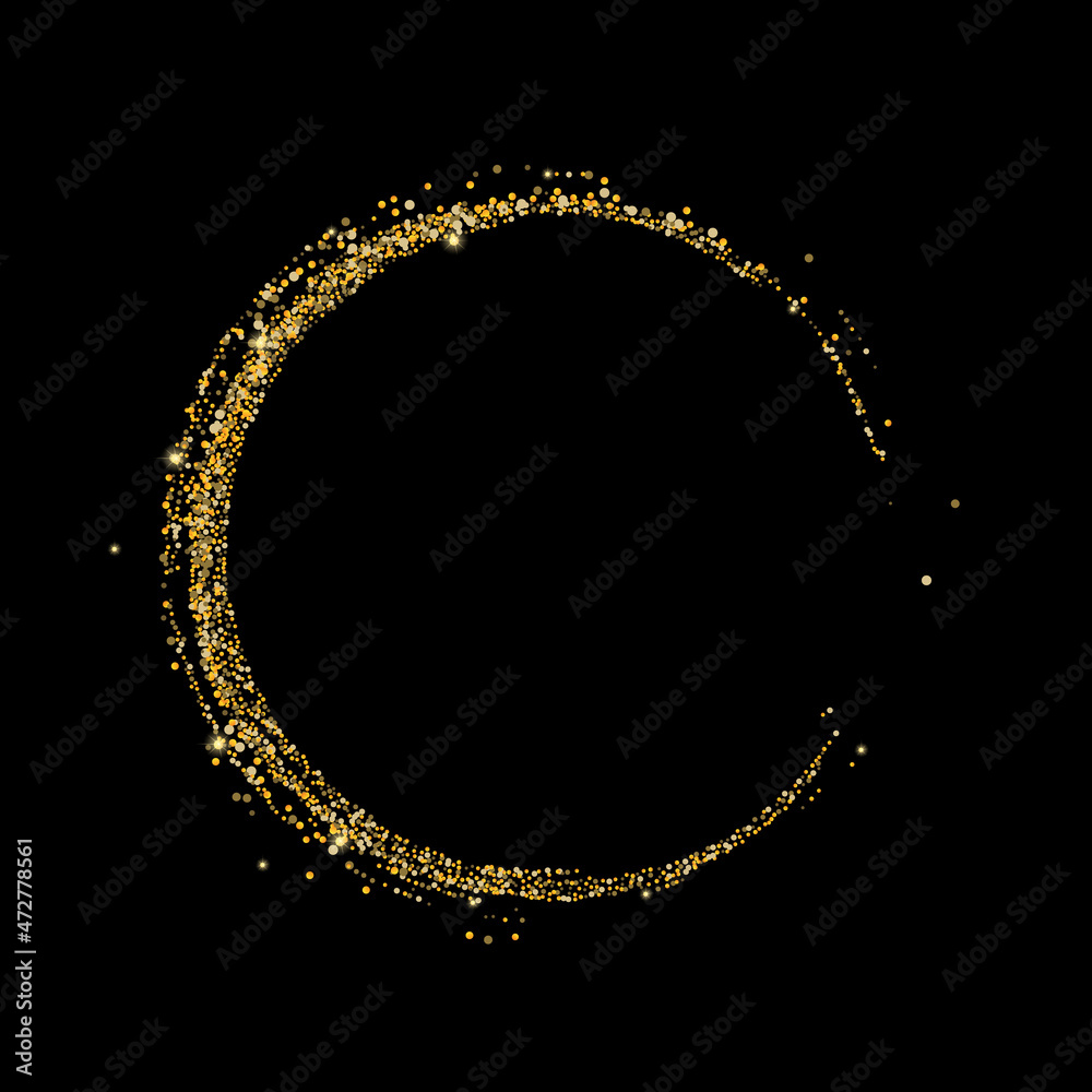 Gold glitter confetti on a black background. Scattered in a circle are shiny particles, sand. Decorative element, golden zen. Luxury background for your design, postcard, vector Gold glitter confetti on a black background. Scattered in a circle are shiny particles, sand. Decorative element, golden zen. Luxury background for your design, postcard, vector