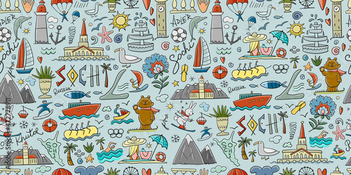 Travel to Sochi, Russian City on Black Sea. Tourism Concept. Seamless Pattern Background for your design