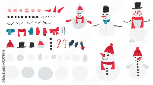 Vector snowman template, elements hat, carrot, scarf, candy cane, snow balls, eyes, mouth make own snowman, change faces. Set of characters.