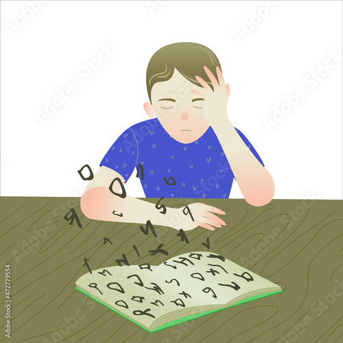 Boy with dyslexia. Cartoon vector character illustration. Speech therapy, children's health. photo