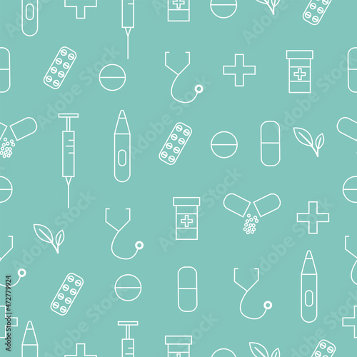Medical outline seamless pattern with pill, syringe, thermometer and stethoscope. Vector illustration on green background