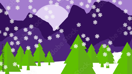 Winter landscape. Green pine trees. SNOWFLAKES. Merry Christmas. 3D illustration  blue background. Nativity ornament. Snow.