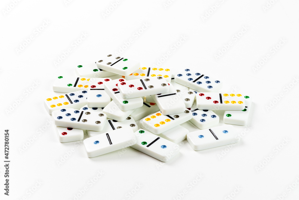 Dominoes. Dominos pieces with colorful dots on white background Dominoes. Dominos pieces with colorful dots on white background