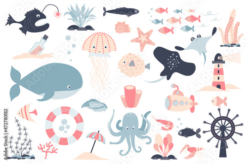 Sea creature and plants isolated elements set. Collection of fishes, crab, jellyfish, submarine, lighthouse and other. Underwater and marine compositions. Vector illustration in flat cartoon design