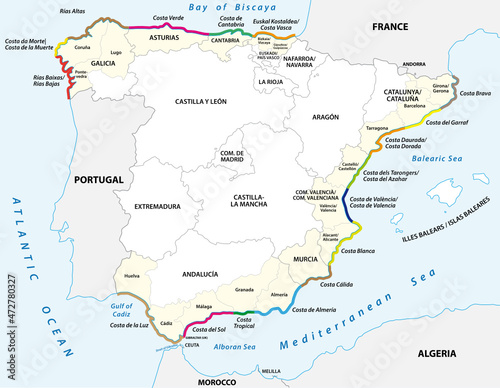 Vector map of tourist coasts of Spain 