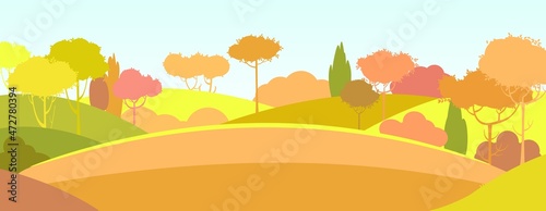Silhouette autumn landscape. Beautiful scenic plant. Orange. Cartoon style. Hills with grass and trees. Cool romantic pretty. Flat design background illustration. Vector art