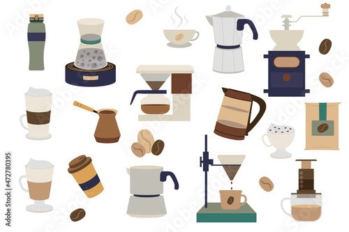 Coffee isolated elements set. Collection of different types of coffee drinks in mugs and equipment for preparation. Assortment of shop or cafe compositions. Vector illustration in flat cartoon design